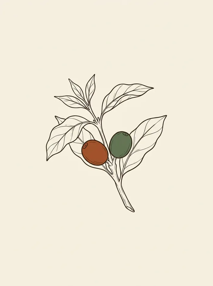 Line illustration of a coffee branch with one ripe red coffee cherry and one unripe green coffee cherry.