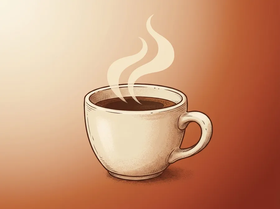 Illustration of a coffee cup with soft steam rising, set against a warm cream-to-terracotta gradient.